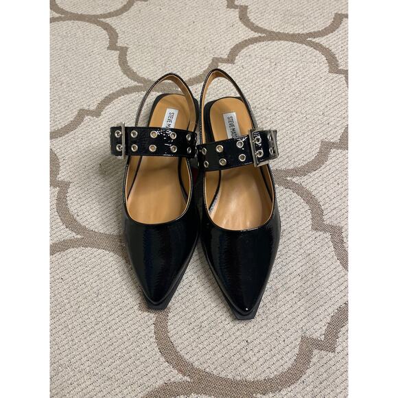 STEVE MADDEN WOMENS Black patent leather KARSON SLINGBACK FLAT, size 9.5, NWOT - Picture 1 of 13